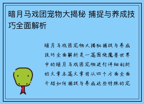 暗月马戏团宠物大揭秘 捕捉与养成技巧全面解析